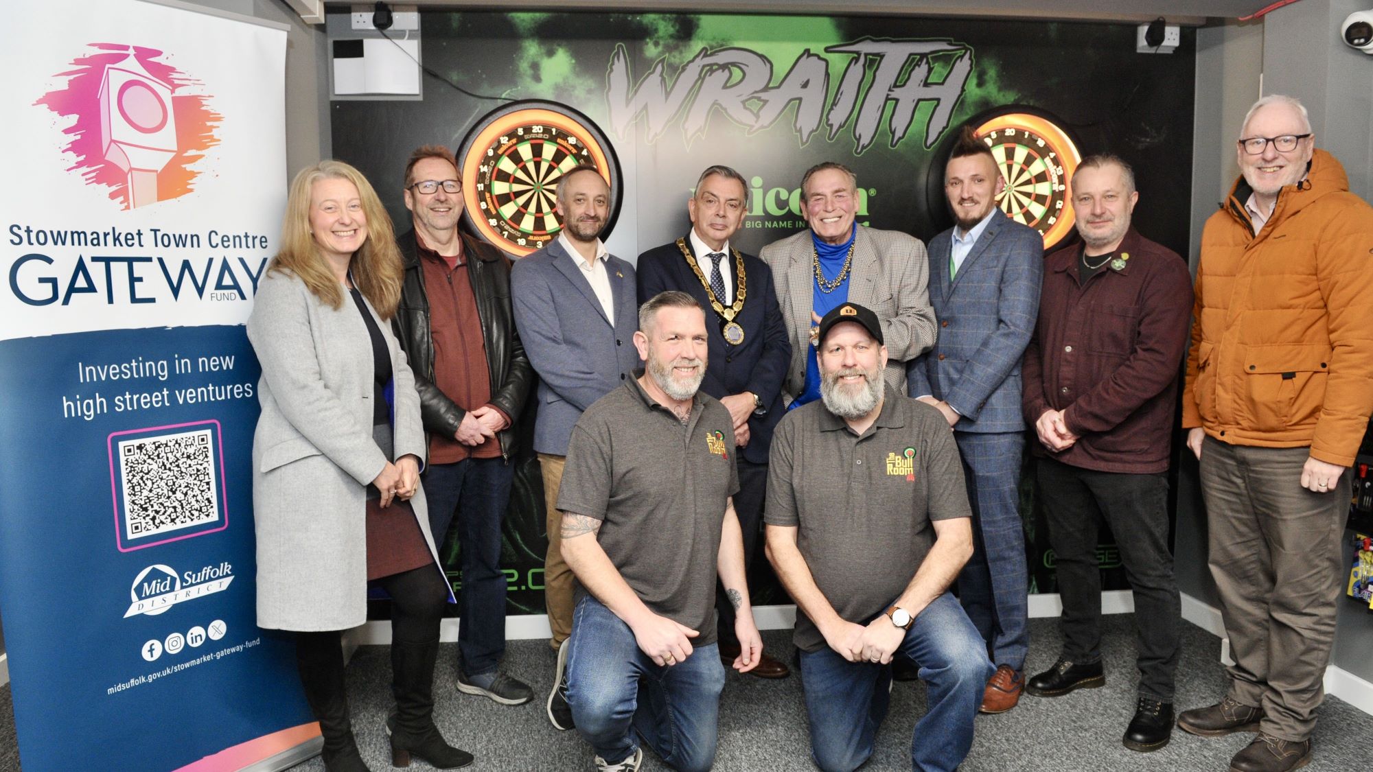 Mid Suffolk's director for property, development & regeneration Emily Atack, Cllr Richard Winch, Cllr James Patchett, Cllr Keith Scarff, Bobby George, Cllr Colin Lay, Cllr Ollie Walters, Stowmarket Town Council town clerk David Blackburn Front: Stuart Huggins and Darren Moyes