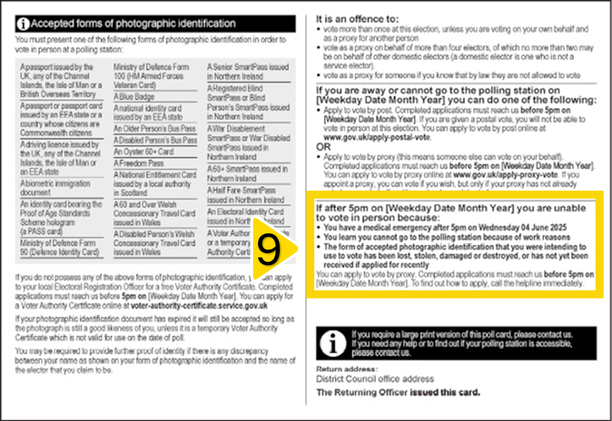Image of the back of a poll card, highlighting the emergency proxy details